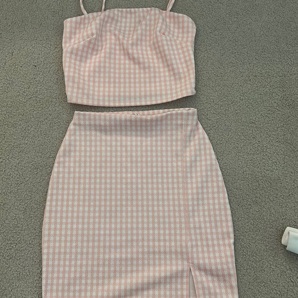 Two Piece Pink Plaid Tank Top and Skirt set